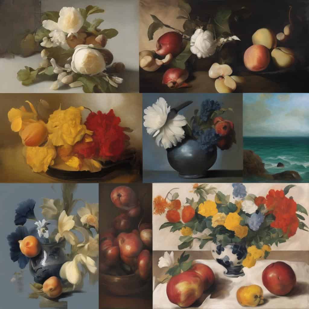 Ανθισμένα λουλούδια και φρούτα σε ζωγραφική σύνθεση, αναδεικνύοντας την ομορφιά της φύσης με ρεαλιστική τεχνική και ζωντανά χρώματα.