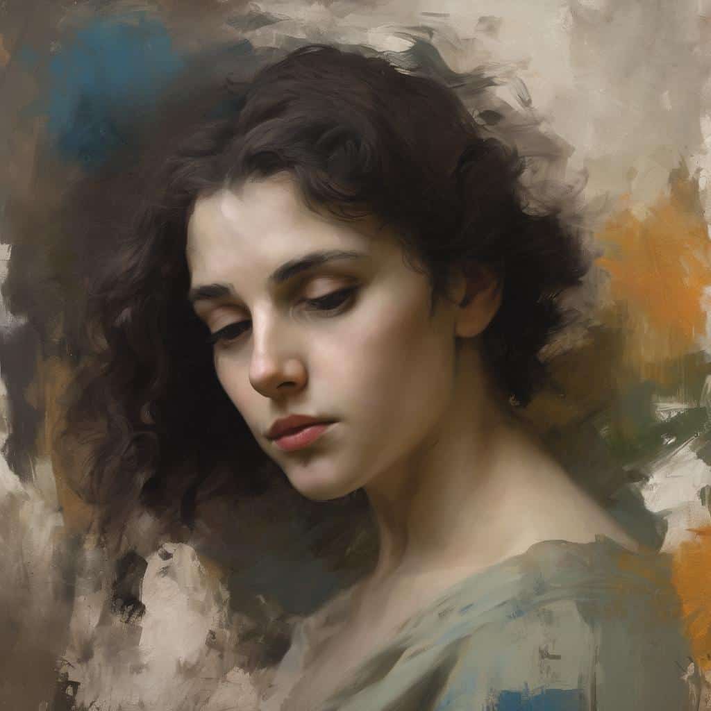 Ζωγραφική εικόνα μιας γυναίκας με εκφραστικά χαρακτηριστικά και σκούρα μαλλιά, σε ρεαλιστικό στυλ, με φόντο με χρωματικές πινελιές.